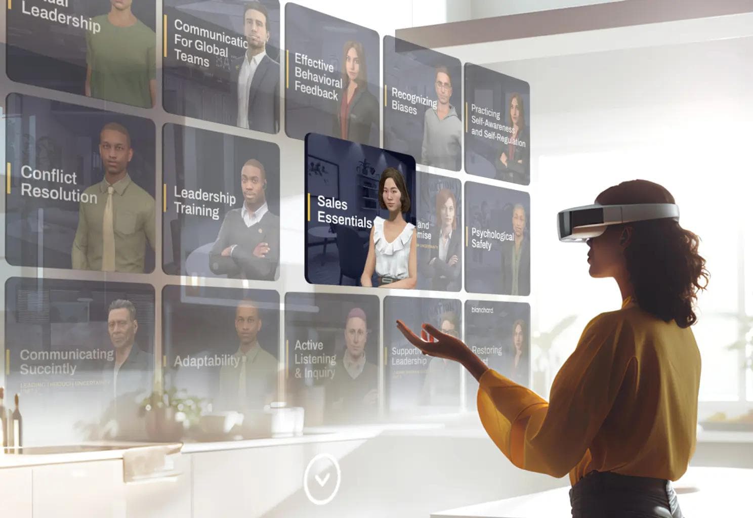 Imagen de una mujer usando lentes de realidad virtual que observa visuales de personal y títulos de contenidos.