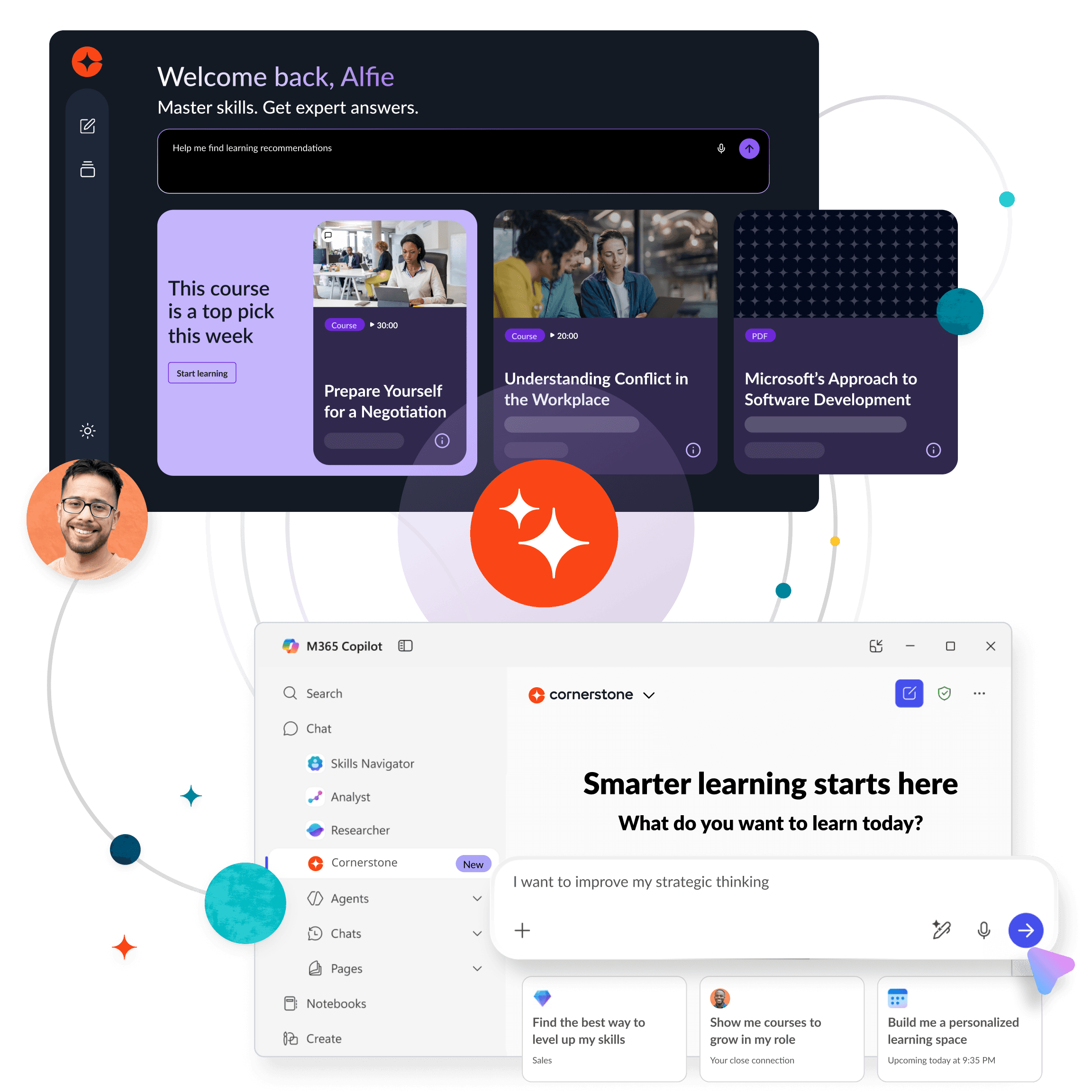Duas interfaces de plataformas de aprendizado interconectadas, uma exibindo cursos e outra com a mensagem "O aprendizado inteligente começa aqui", ao lado de um perfil de usuário, cercado por linhas abstratas e um ícone cintilante.