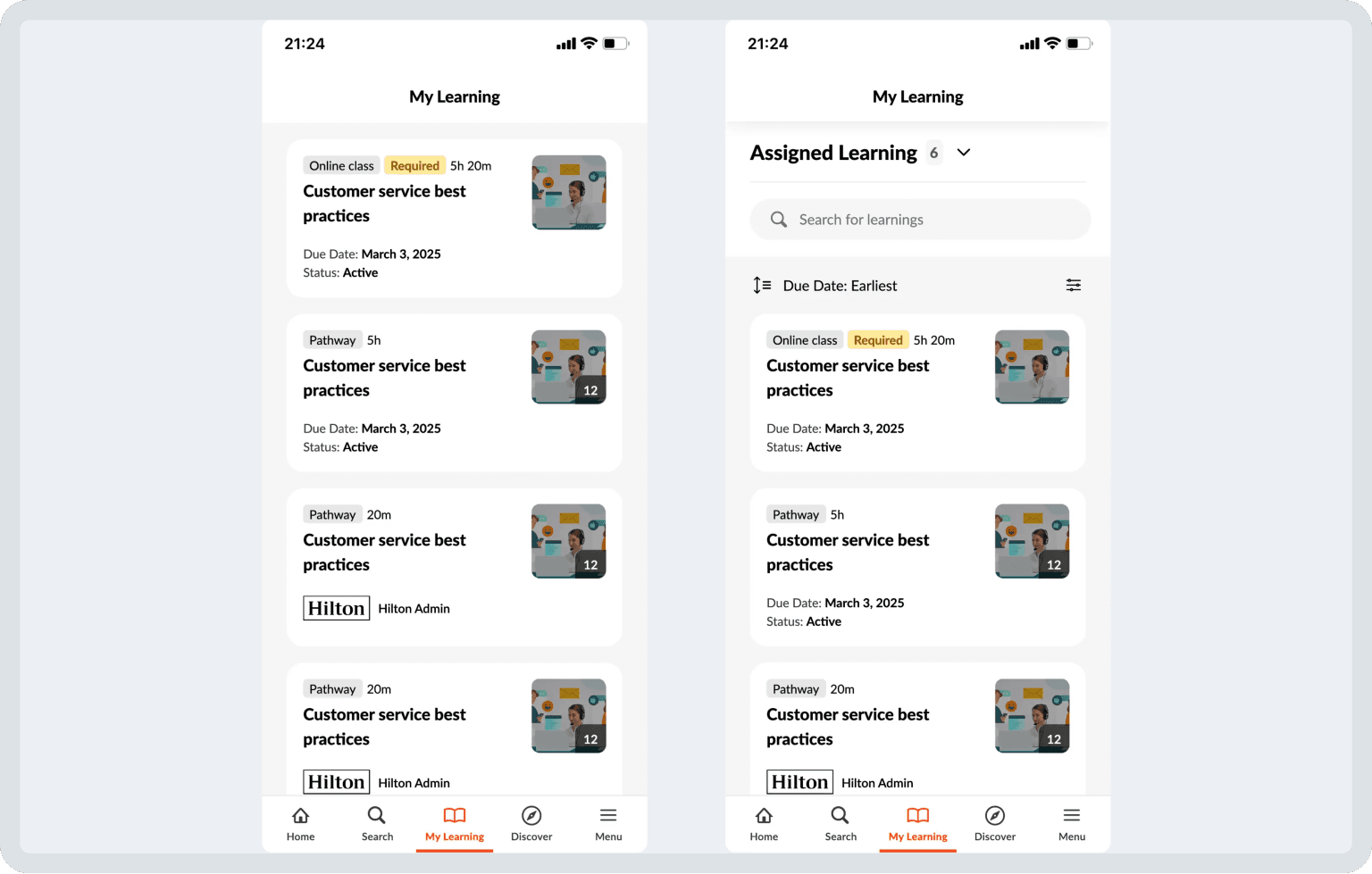 コースリストを含むCornerstone Learningインターフェースが表示された2つのモバイル画面。右側のスクリーンには検索とフィルターのオプションが含まれている。